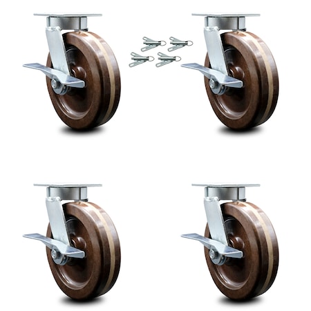 Service Caster 8 Inch Kingpinless High Temp Phenolic Caster Set with Brakes and Swivel Locks SCC-KP30S820-PHRHT-SLB-BSL-4